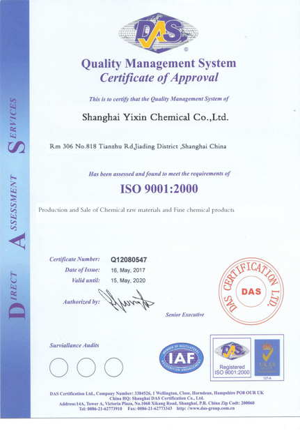 China Shanghai Yixin Chemical Co., Ltd. Certificaciones